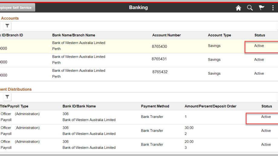 Banking page in Employee self service