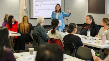 A presenter speaks to participants during a workshop, with a projected slide about Fellowship displayed behind them.