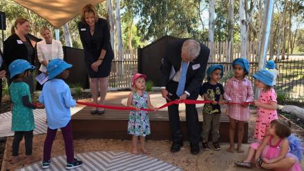 Vice-Chancellor Professor Brian Schmidt cutting the ribbon at the new ANU Goodstart Childcare Centre.