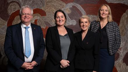 Left to right: Vice-Chancellor Professor Brian P. Schmidt, Andrea Kelly, Chancellor the Hon Julie Bishop and Pro-Chancellor Naomi Flutter. Image: ANU/Jamie Kidston