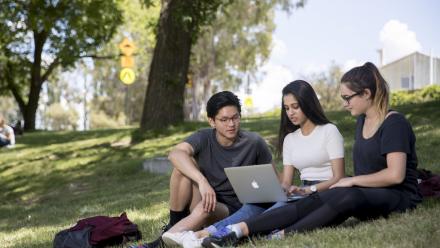 Three students looking at a laptop on a grassy hill