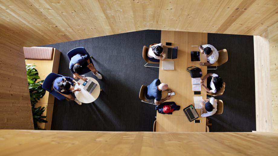 Aerial photo of students in a library