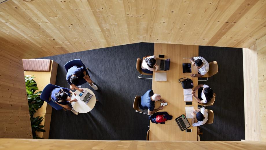 An aerial photo of students studying in a library