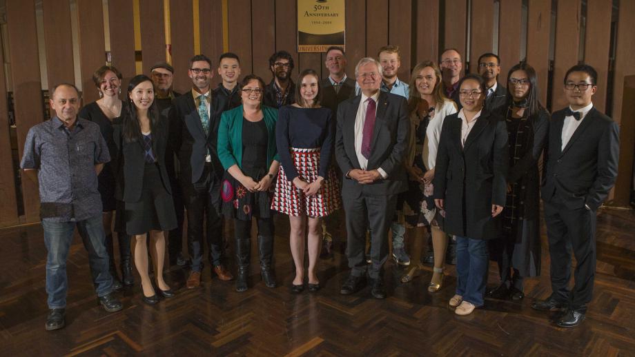 Vice-Chancellor Professor Brian Schmidt surrounded by the recipients of the 2018 VC's Awards for Excellence in Education. Photo by Jack Fox, ANU.