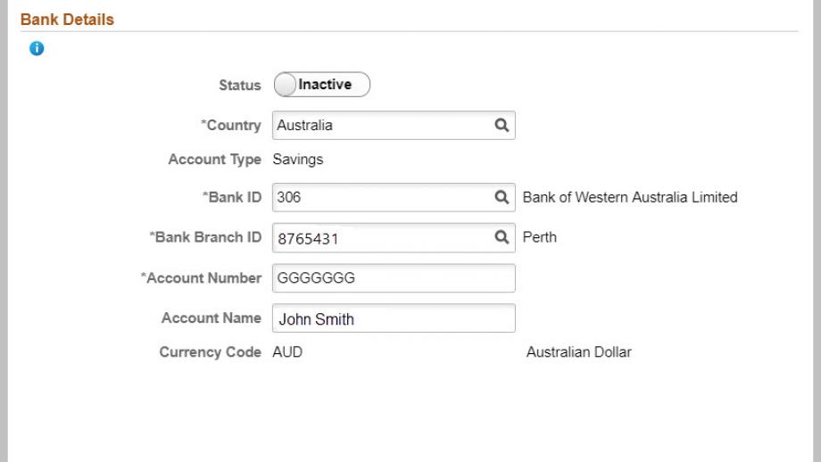 bank accounts page in employee self service 