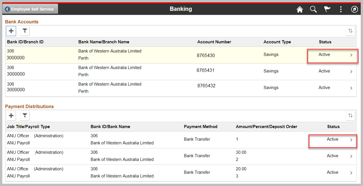 Banking page in Employee self service