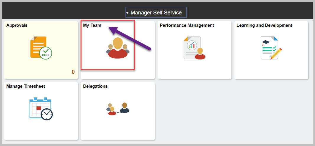Manager Self Service portal page highlighting the My Team option